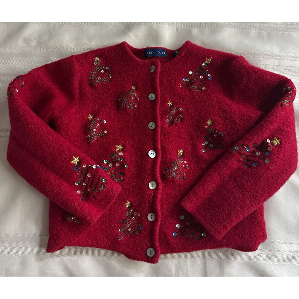 Karen Scott Red 100% Wool VintageCardigan Sweater Sequin Embroidered Tree M Crew